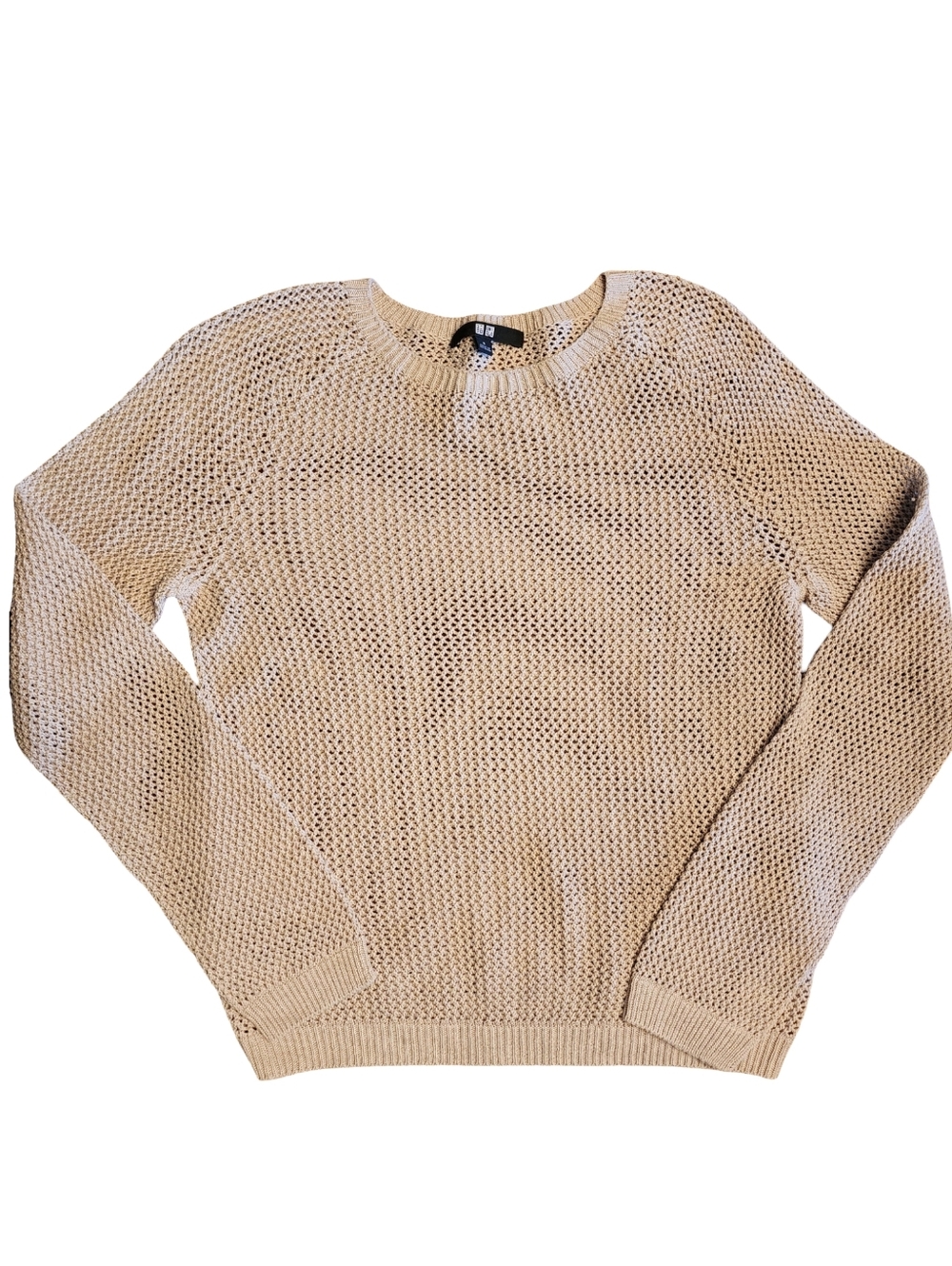 UNIQLO Beige 3D Knit Open Mesh Crewneck Long Sleeve Sweater Linen Sz S EUC